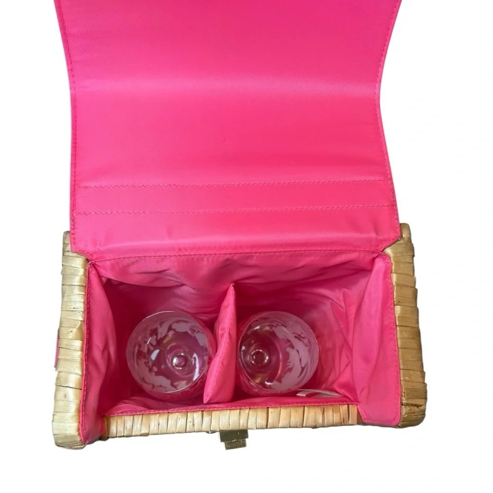 Lilly Pulitzer Wine Basket with Shoulder Strap and Two Wine Glasses